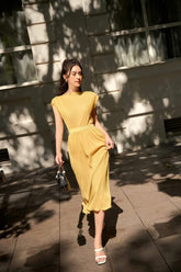 Silk midi dress with high neckline, cap sleeves and elasticated waist for relaxed elegance